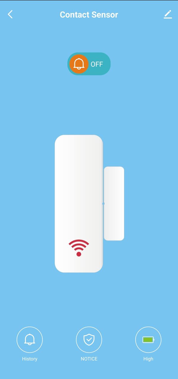 Sensor de contato conectado no app, com bateria em nível alto